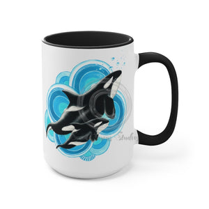 Orca Whale Blue Circles Ink Art Two-Tone Coffee Mugs 15Oz / Black Mug