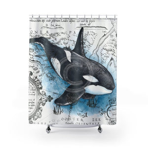 Orca Whale Blue Watercolor Vintage Map Art Shower Curtain 71 × 74 Home Decor