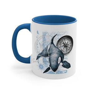 Orca Whale Compass Vintage Map Blue On White Art Accent Coffee Mug 11Oz /