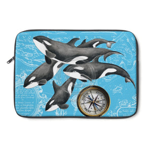 Orca Whale Family Compass Watercolor Ink Laptop Sleeve 13