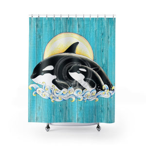 Orca Whale Family Teal Chic Shower Curtain 71 × 74 Home Decor