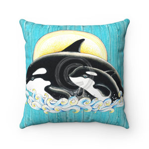 Orca Whale Family Teal Chic Square Pillow 14 × Home Decor