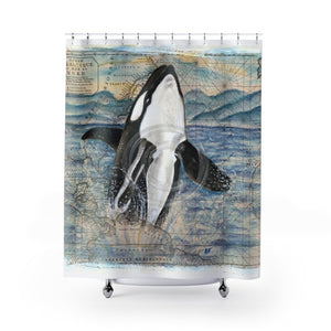 Orca Whale Grunge Vintage Map Watercolor Art Shower Curtain 71 × 74 Home Decor