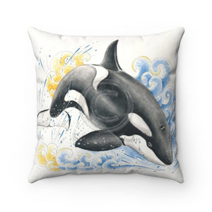 Orca Whale Jumping Into Blue Waves Watercolor Square Pillow 16 × Home Decor
