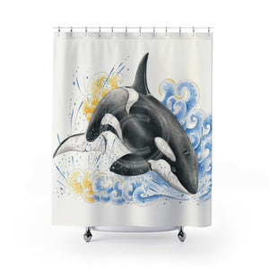 Orca Whale Jumping Into Waves Watercolor Shower Curtain 71 × 74 Home Decor