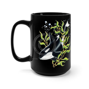 Orca Whale Kelp Forest Ink Art Black Mug 15Oz