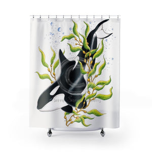 Orca Whale Kelp Forest Ink Art Shower Curtain 71 × 74 Home Decor