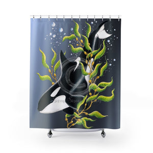 Orca Whale Kelp Forest Ink Indigo Art Shower Curtain 71 × 74 Home Decor