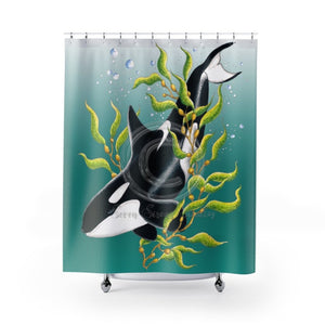Orca Whale Kelp Forest Ink Teal Art Shower Curtain 71 × 74 Home Decor