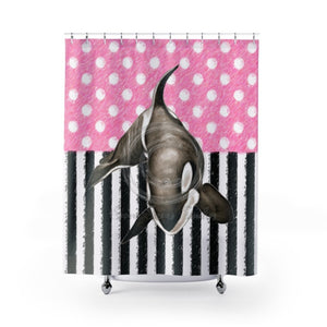 Orca Whale Pink Polka Dot Shower Curtain 71X74 Home Decor