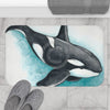 Orca Whale Teal Watercolor Art Bath Mat Home Decor