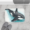 Orca Whale Teal Watercolor Art Bath Mat Home Decor