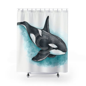 Orca Whale Teal Watercolor Art Shower Curtain 71 × 74 Home Decor