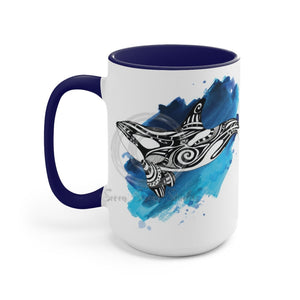 Orca Whale Tribal Blue Watercolor Ink Art Two-Tone Coffee Mugs 15Oz / Mug