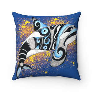 Orca Whale Tribal Ink Dark Blue Square Pillow 14 × Home Decor