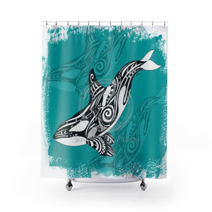 Orca Whale Tribal Ink Teal Shower Curtain 71X74 Home Decor