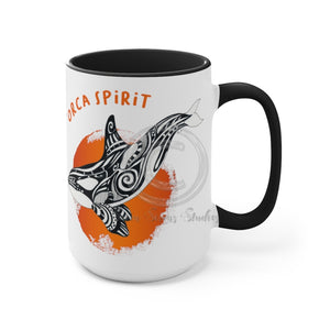 Orca Whale Tribal Orange Spirit Ink Art Two-Tone Coffee Mugs 15Oz / Black Mug