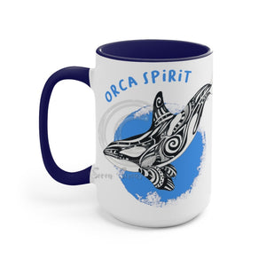 Orca Whale Tribal Spirit Blue Ink Art Two-Tone Coffee Mugs 15Oz / Mug