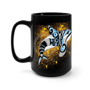 Orca Whale Tribal Yellow Splash Black Mug 15Oz