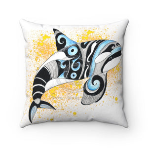 Orca Whale Tribal Yellow Splash White Square Pillow 14 × Home Decor