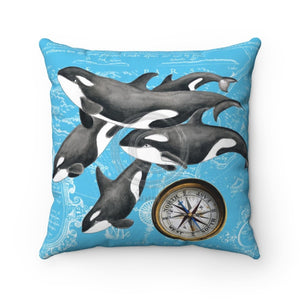 Orca Whale Vintage Map Compass Watercolor Square Pillow 14X14 Home Decor