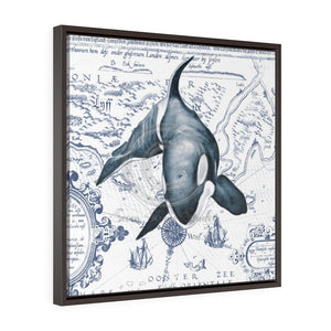 Orca Whale Vintage Map Green Framed Premium Gallery Wrap Canvas 24 ×