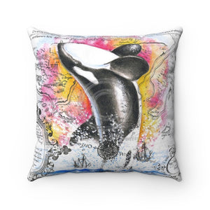Orca Whale Vintage Map Rainbow Breaching Watercolor Square Pillow 14X14 Home Decor