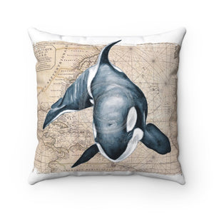 Orca Whale Vintage Map Shabby Watercolor Square Pillow 14X14 Home Decor