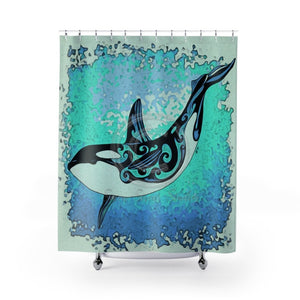 Orca Whale Woodblock Art Shower Curtain 71X74 Home Decor