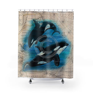 Orca Whales Beige Vintage Map Diving Art Shower Curtain 71 × 74 Home Decor