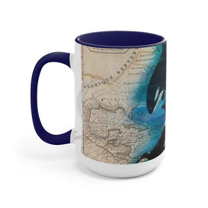 Orca Whales Beige Vintage Map Diving Art Two-Tone Coffee Mugs 15Oz / Blue Mug