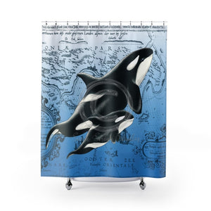 Orca Whales Blue Vintage Map Shower Curtain 71 × 74 Home Decor