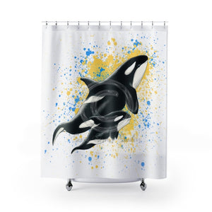 Orca Whales Blue Yellow Ink Splash Shower Curtain 71 × 74 Home Decor