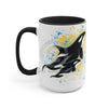 Orca Whales Blue Yellow Splash Ink Art Two-Tone Coffee Mugs 15Oz / Black Mug