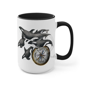 Orca Whales Family Po Compass Nautical Art Two-Tone Coffee Mugs 15Oz / Black Mug