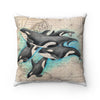 Orca Whales Family Vintage Map Shabby Watercolor Square Pillow 14X14 Home Decor