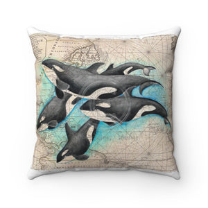 Orca Whales Family Vintage Map Shabby Watercolor Square Pillow 14X14 Home Decor
