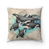 Orca Whales Family Vintage Map Shabby Watercolor Square Pillow Home Decor