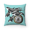 Orca Whales Pod Teal Watercolor Art Square Pillow 14X14 Home Decor
