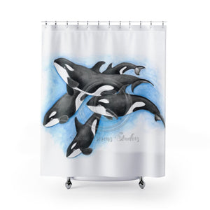 Orca Whales Pod Watercolor Art Shower Curtains 71X74 Home Decor