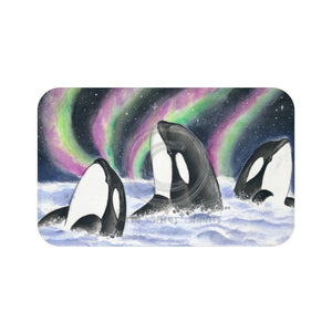Orca Whales Snooping Northern Lights Watercolor Art Bath Mat 34 × 21 Home Decor