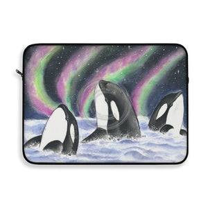 Orca Whales Snooping Northern Lights Watercolor Laptop Sleeve 15