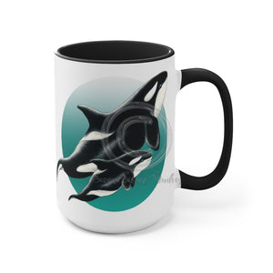 Orca Whales Teal Green Circle Art Two-Tone Coffee Mugs 15Oz / Black Mug