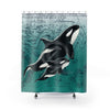 Orca Whales Teal Vintage Map Shower Curtain 71 × 74 Home Decor