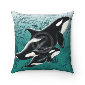 Orca Whales Teal Vintage Map Square Pillow 14 × Home Decor