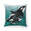 Orca Whales Teal Vintage Map Square Pillow Home Decor