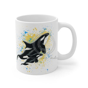 Orca Whales Yellow Blue Ink Splash Mug 11Oz