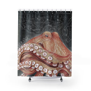 Pale Red Octopus Galaxy Stars Vintage Map Watercolor Art Shower Curtain 71 × 74 Home Decor
