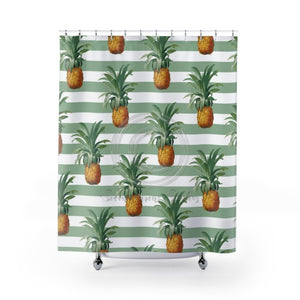 Pineapples And Green Stripes Chic Shower Curtain 71X74 Home Decor