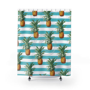 Pineapples And Teal Blue Stripes Chic Shower Curtain 71X74 Home Decor